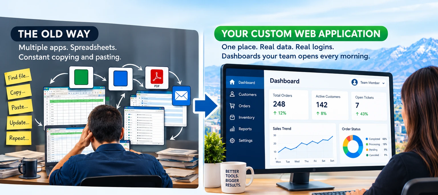 Two scenes side by side. Left, labelled The Old Way: a person at a desk surrounded by a spreadsheet, a document, a PDF and an email, with sticky notes reading find file, copy, paste, update, repeat. Right, labelled Your Custom Web Application: one person at one screen showing a single dashboard with logins, orders, customers and open tickets.